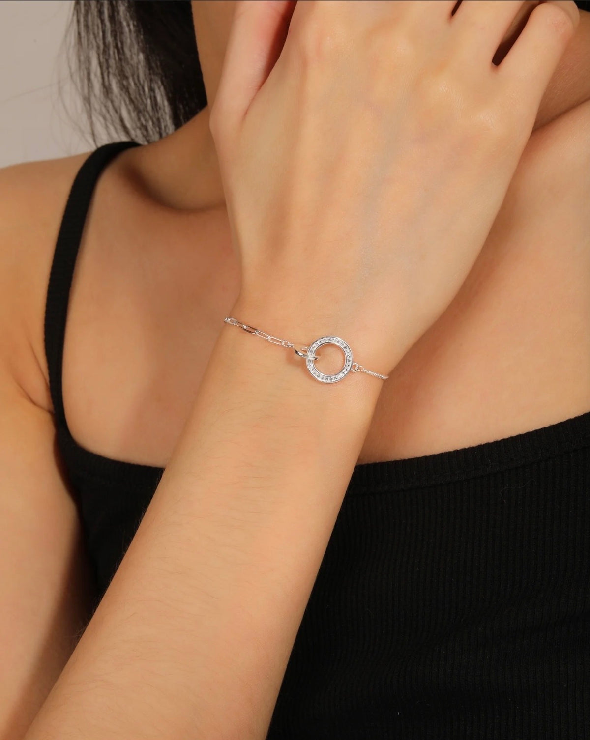 Pulsera cadena mixta con Aros con Zirconia blanca Plata .925 con de Rodio