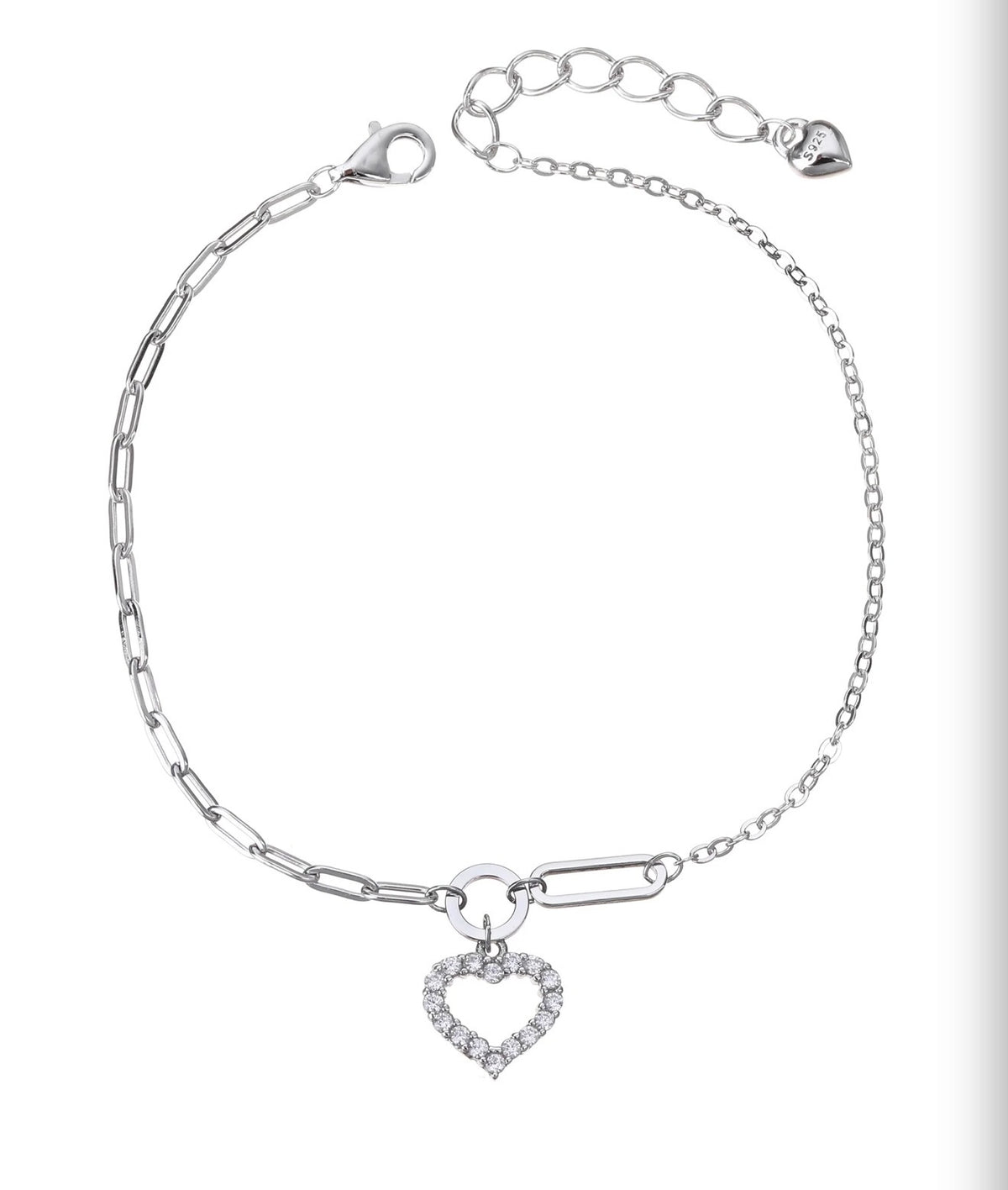 Pulsera cadena mixta de Corazon con Zirconia blanca Plata .925 con baño de Rodio