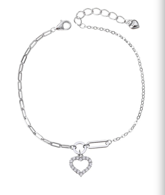 Pulsera cadena mixta de Corazon con Zirconia blanca Plata .925 con baño de Rodio